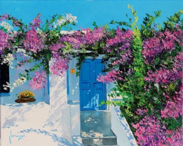 Porte bleue en Grèce jardin Peinture à l'huile